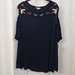 Style Co 3x Navy Blue Slub Jersey Knit Cold Shoulder Floral Bird Embroidery Top